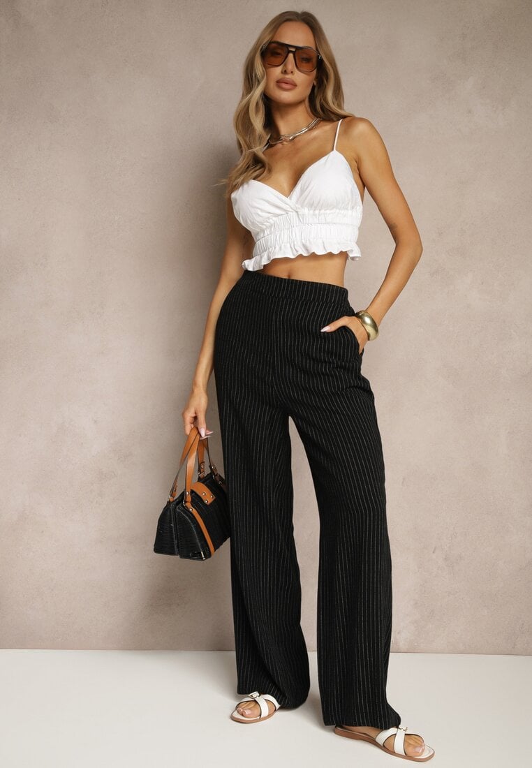 Czarne Szerokie Spodnie High Waist z Lnu i Bawełny Ivelpio