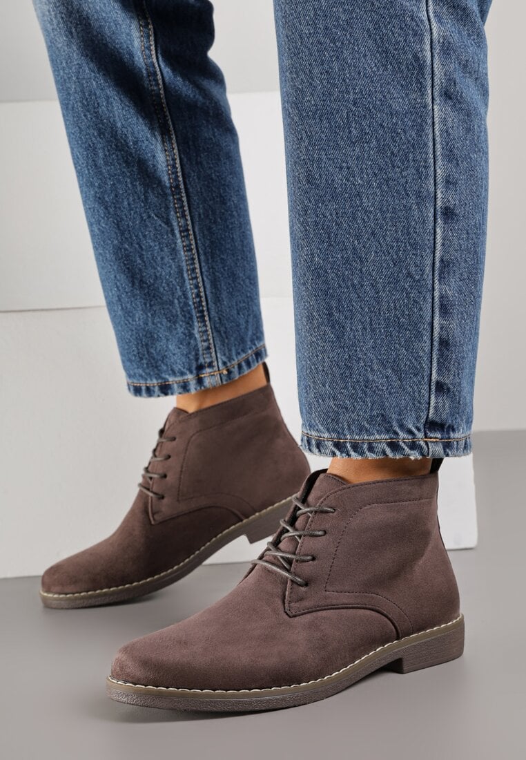 Brązowe Botki Vices o Klasycznym Fasonie Trzewików z Imitacji Zamszu Ativitta