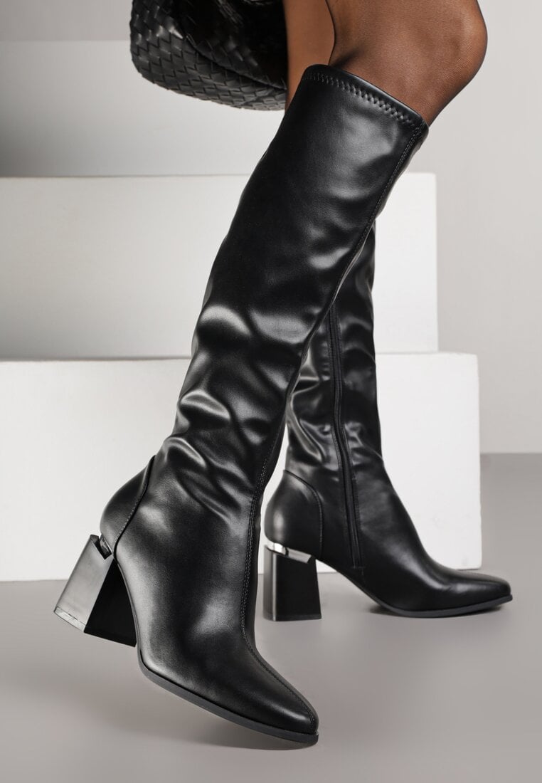 Czarne Klasyczne Kozaki VICES na Słupkowym Obcasie z Metaliczną Aplikacją Rannora