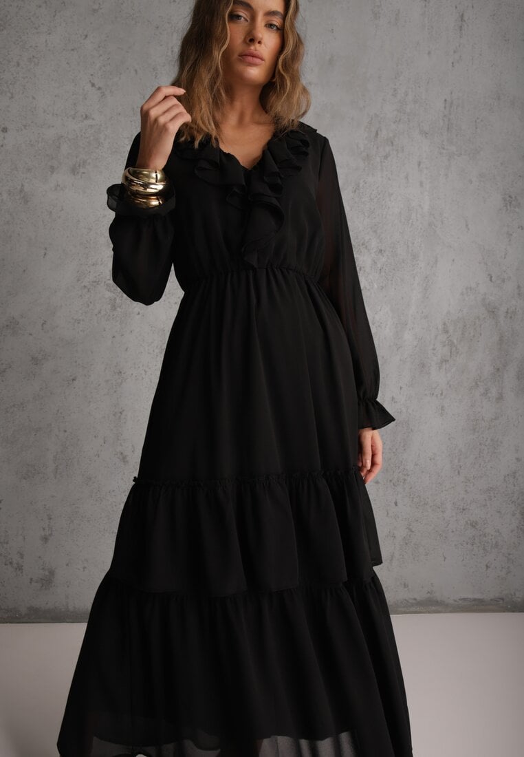 Czarna Rozkloszowana Sukienka VICES z Falbanami i Transparentnymi Rękawami Aruvite