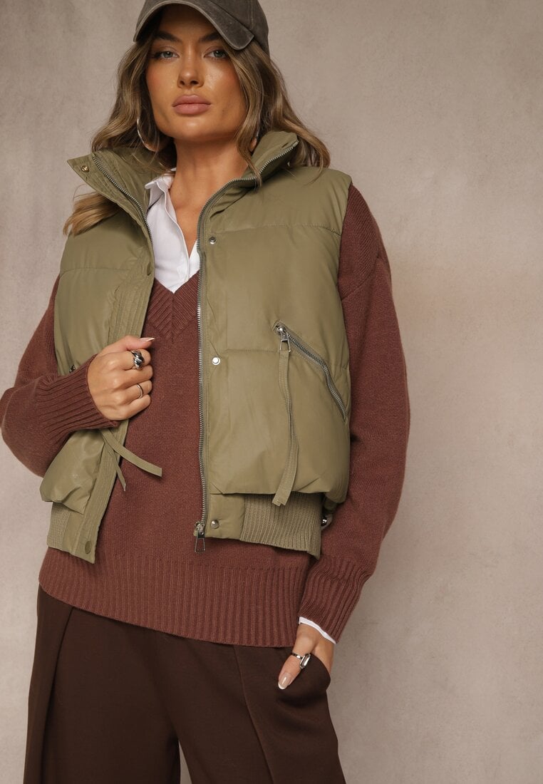 Zielona Przejściowa Kamizelka z Imitacji Skóry z Pikowanymi Przeszyciami Isomena