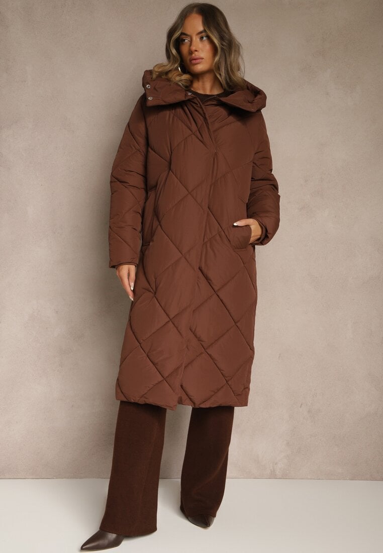Brązowa Pikowana Kurtka Płaszcz za Kolano z Kapturem Kinassan