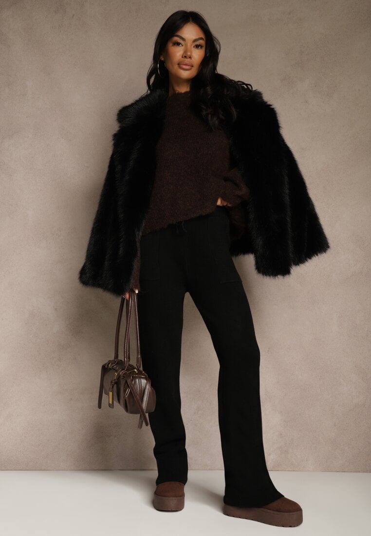 Czarne Dzianinowe Spodnie Wide Leg z Ociepleniem Miosea