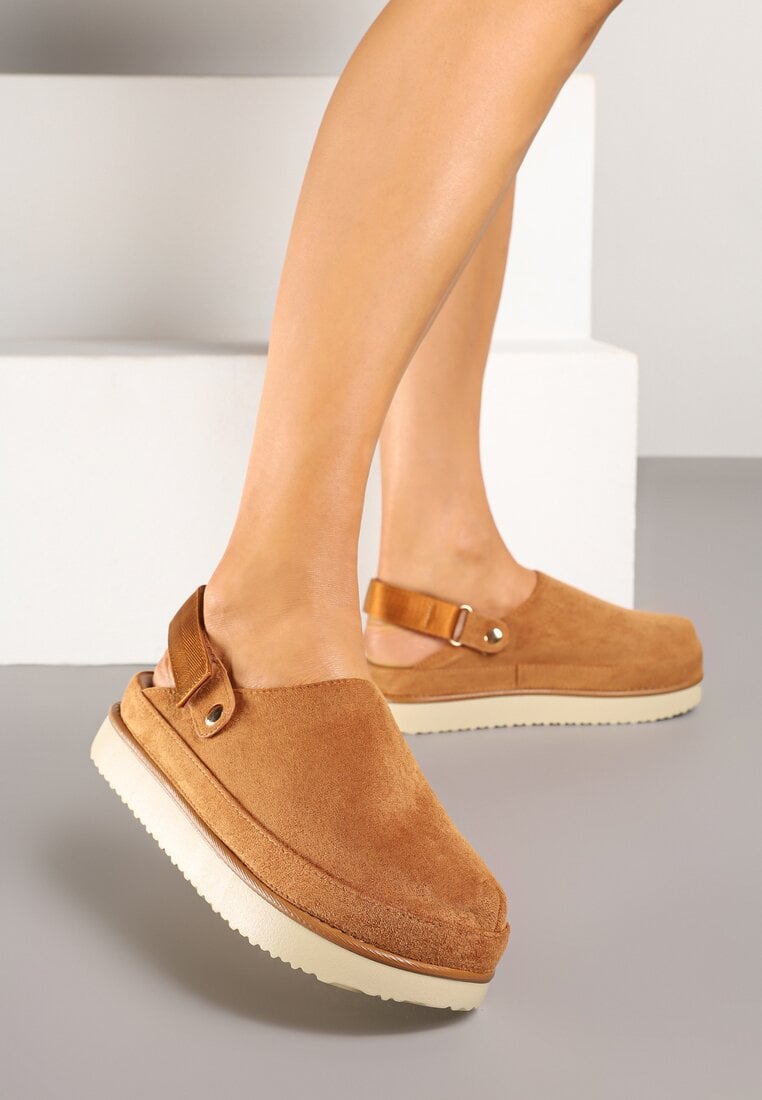 Brązowe Klapki Mule w Stylu Chodaków na Niskiej Platformie Xrea