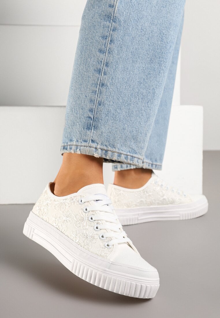 Białe Klasyczne Trampki z Cholewką z Haftem Meppane