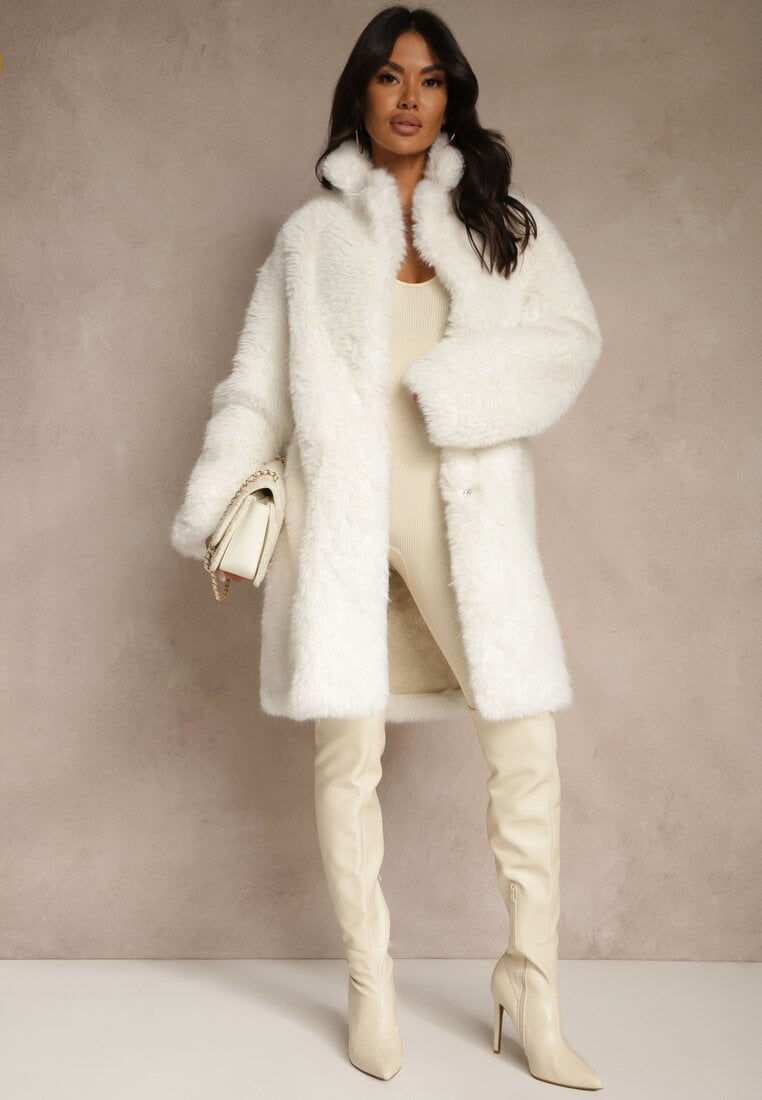 Beżowy Długi Futrzany Płaszcz Otirona