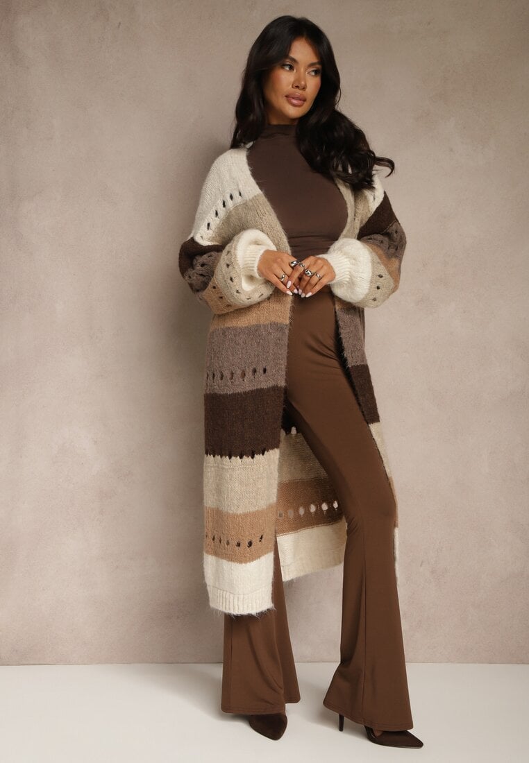 Beżowy Ażurowy Kardigan w Paski z Dodatkiem Wełny i Wiskozy o Długim Kroju Ilonine