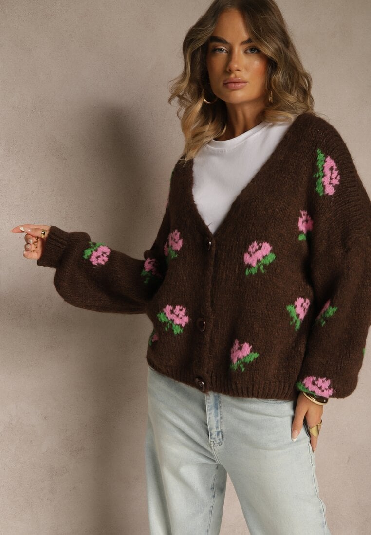 Brązowy Oversizowy Kardigan z Dodatkiem Wełny w Kwiaty Nelenesa