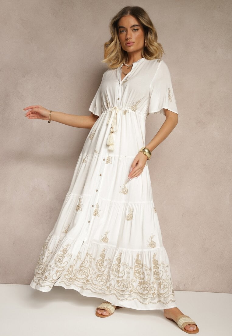 Biała Rozkloszowana Sukienka Boho z Wiskozy Zdobiona Haftem i Wiązaniem Falvania