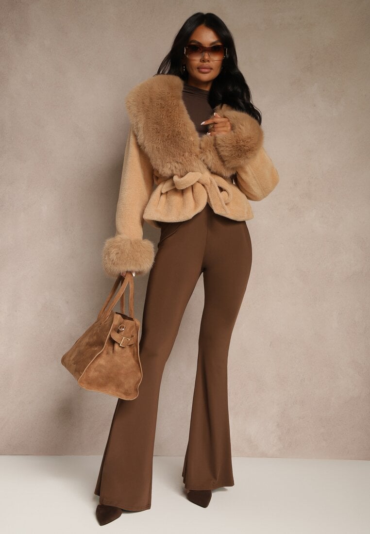 Brązowa Kurtka Pluszowa Ozdobiona Futerkiem i Wiązanym Paskiem w Talii Aravitte