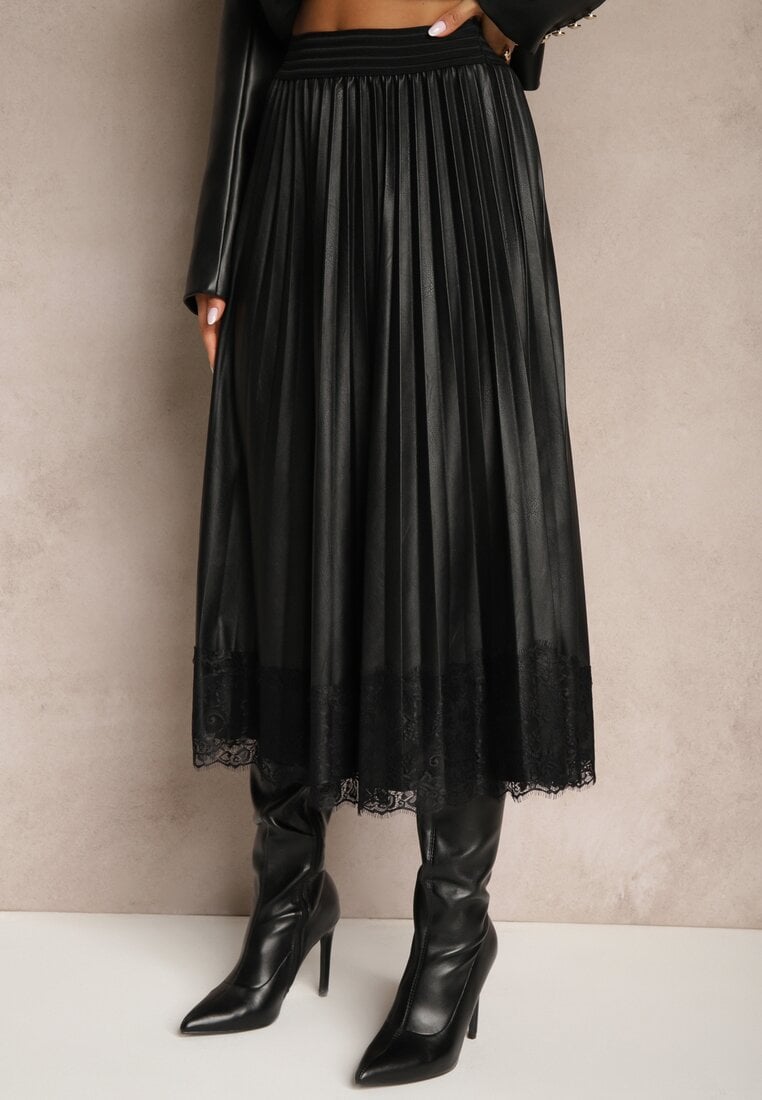 Czarna Rozkloszowana Spódnica Plisowana z Wiskozą z Imitacji Skóry Ozdobiona Koronką Etanielith
