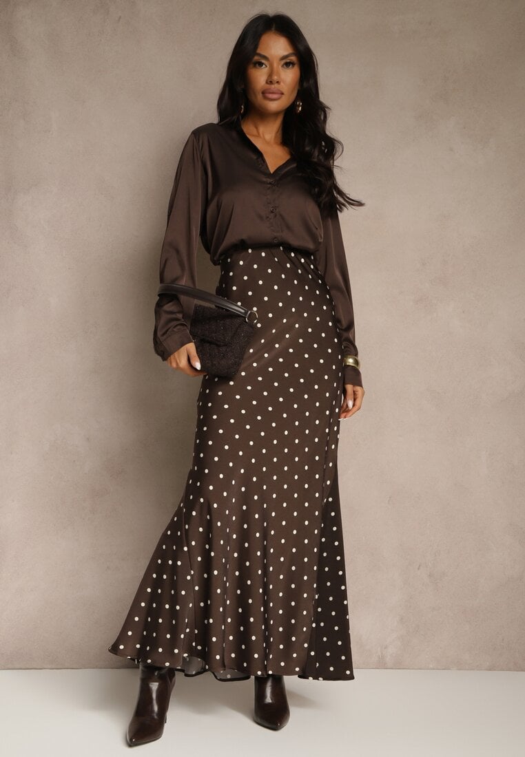 Brązowa Spódnica High Waist w Kropki o Trapezowym Kroju Ravea