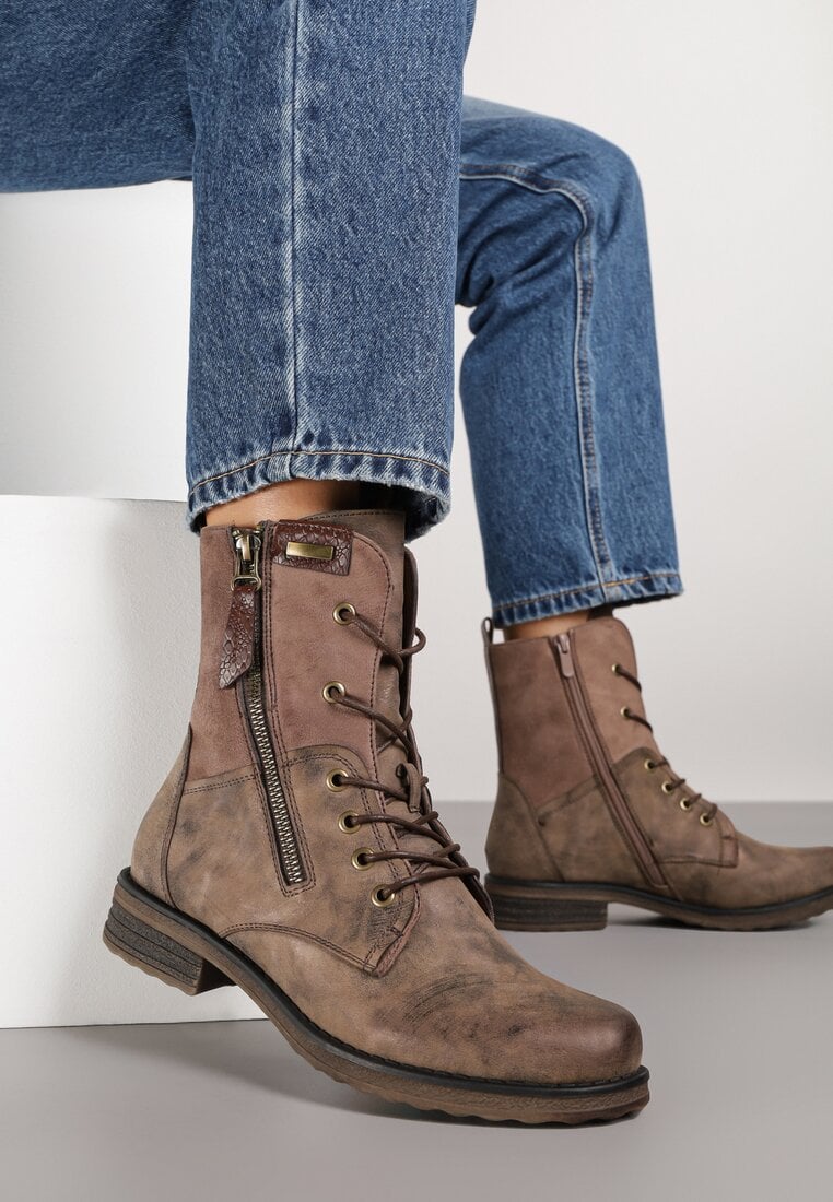 Brązowe Botki w Stylu Vintage ze Sznurowaniem Vemlora