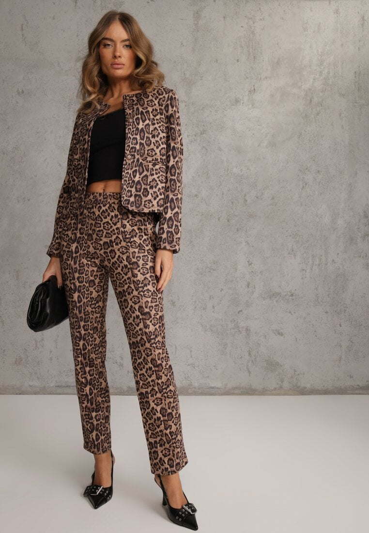 Beżowe Spodnie z Prostymi Nogawkami w Panterkę Enalora