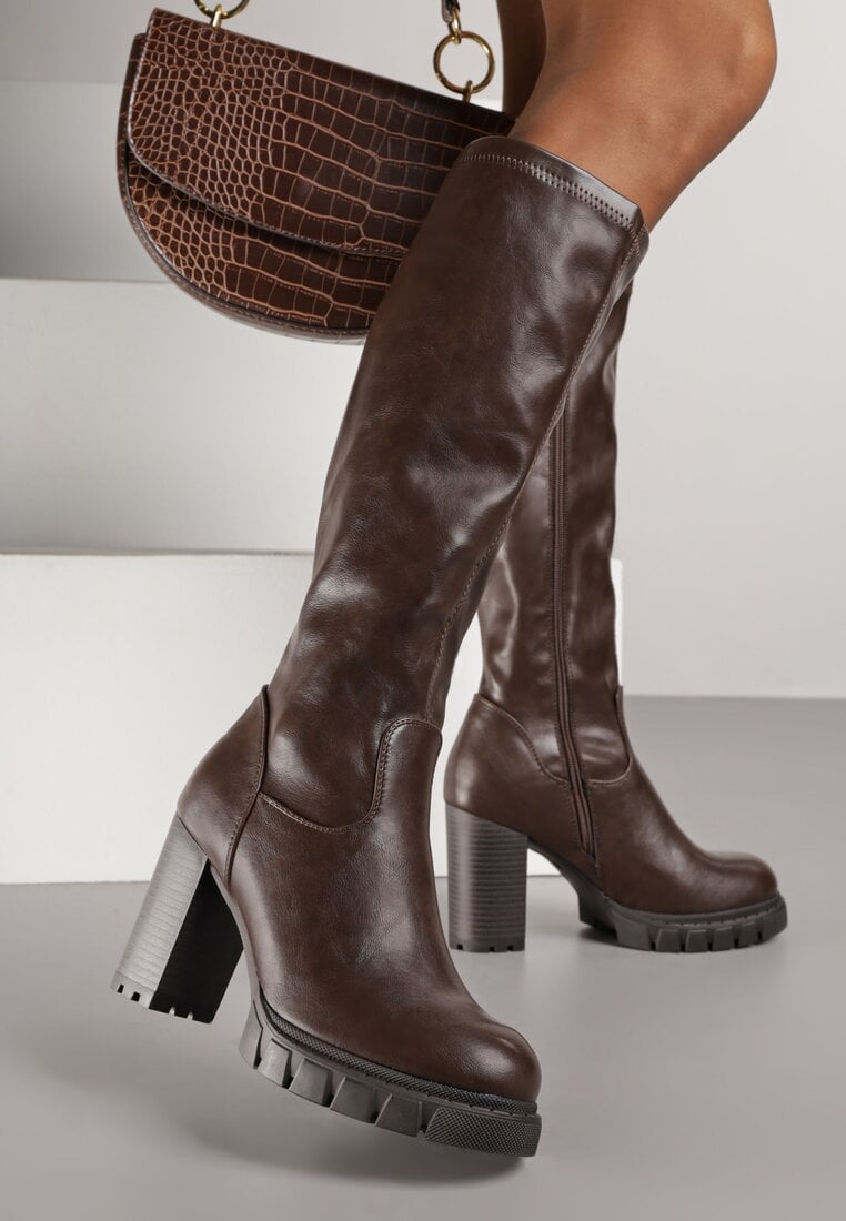 Brązowe Kozaki na Słupku i Platformie z Dopasowaną Cholewką Latallea