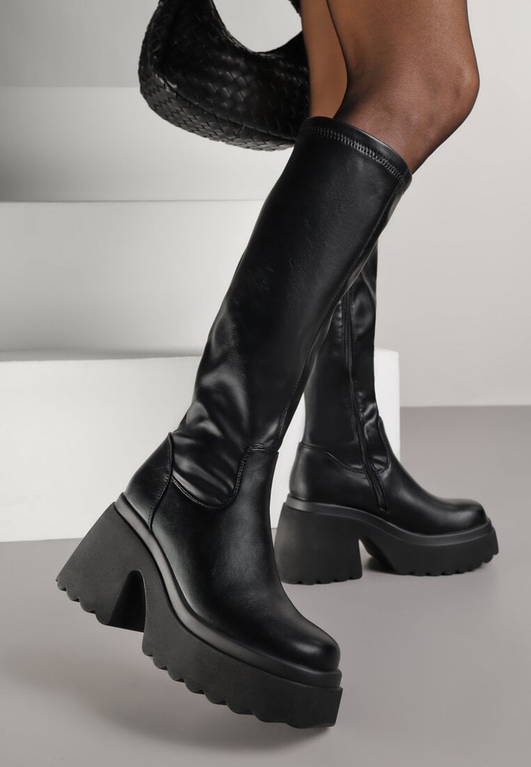 Czarne Kozaki na Słupku i Platformie z Dopasowaną Cholewką Avelgissa