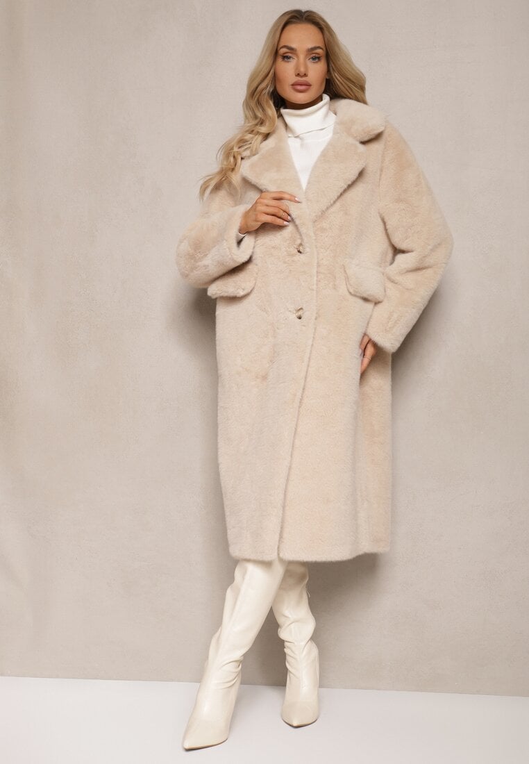 Beżowy Płaszcz z Futra z Zapięciem na Guziki i Wsuwanymi Kieszeniami Paritha