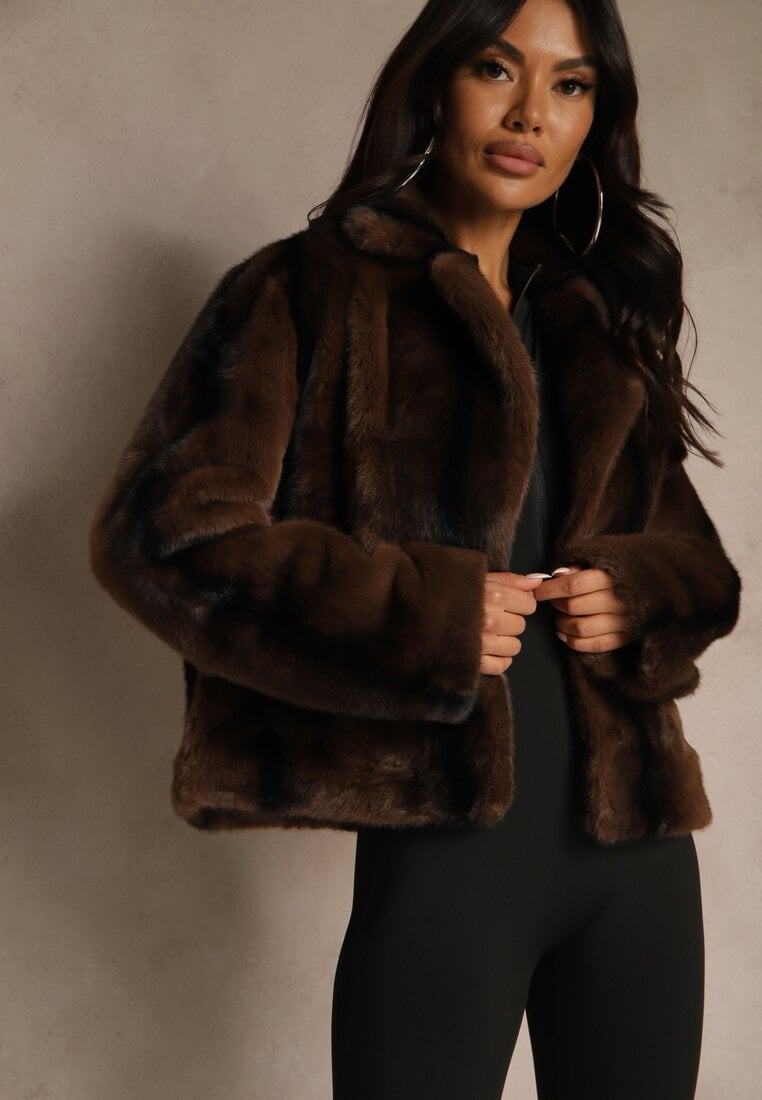 Brązowa Krótka Kurtka Futerko o Jednorzędowym Kroju Lanella