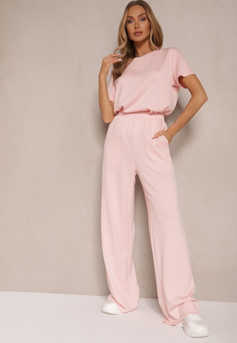 Różowe Spodnie z Wiskozą o Szerokim Kroju z Cyrkoniami Zeleria