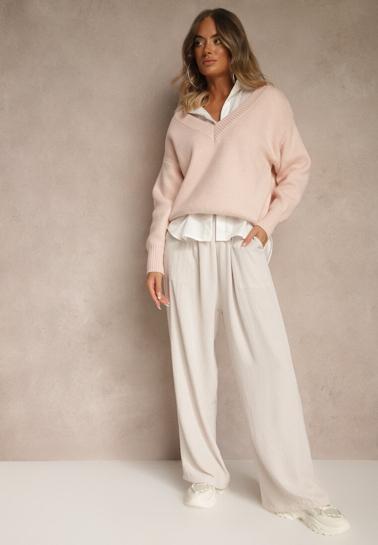 Jasnobeżowe Szerokie Spodnie z Wiskozą z Gumką w Pasie Lealirre