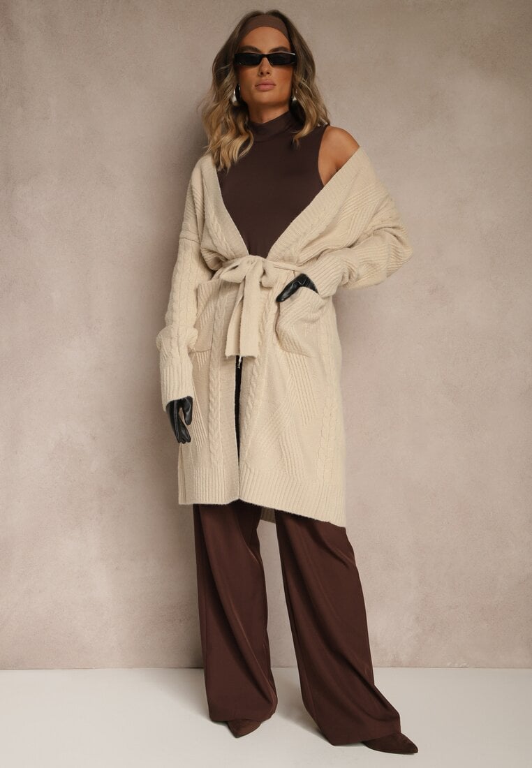 Beżowy Tłoczony Kardigan z Wełną o Kroju Bez Zapięć z Paskiem Dorrive