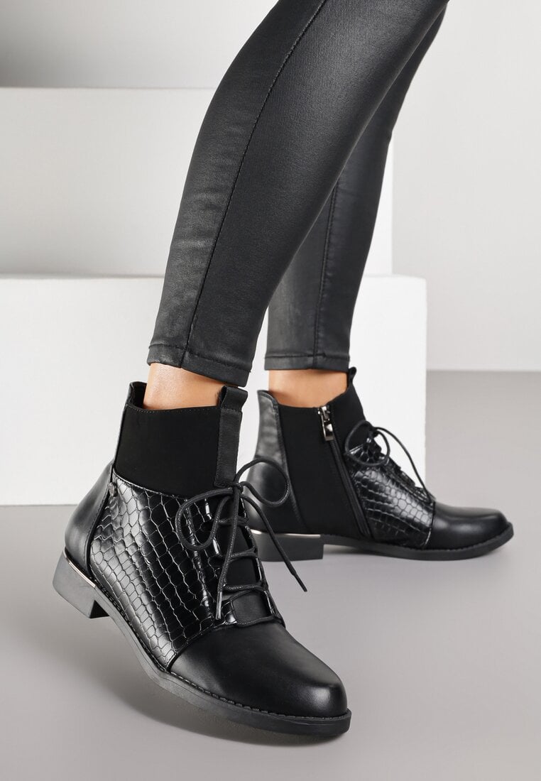 Czarne Botki Vices w Stylu Trzewików z Motywem Skóry Krokodyla Alirriva
