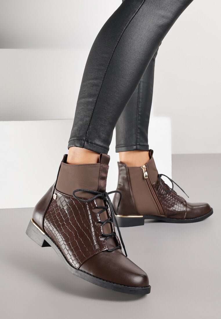 Brązowe Botki Vices w Stylu Trzewików z Motywem Skóry Krokodyla Alirriva