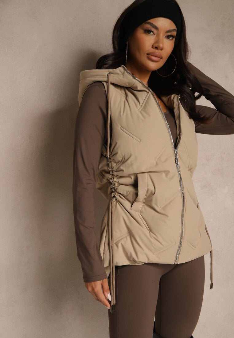 Beżowa Pikowana Kamizelka z Kapturem w Stylu Basic Cleopie