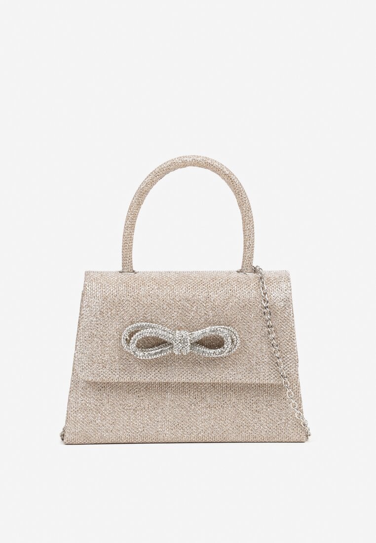 Szampańska Brokatowa Torebka Koktajlowa z Rączką Łańcuszkiem i Kokardą z Cyrkonii Esliana