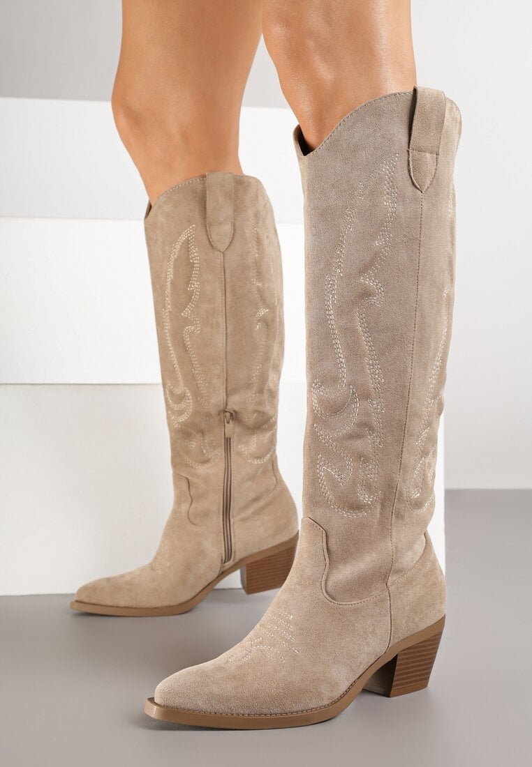 Ciemnobeżowe Kozaki Kowbojki w Klasycznym Stylu z Imitacji Zamszu Lataselia