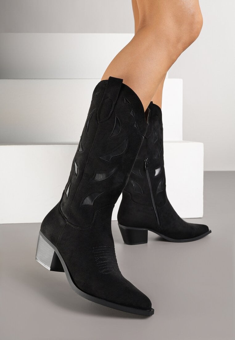 Czarne Botki na Stożku w Stylu Kowbojek Ozdobione Geometrycznym Motywem Latiresa