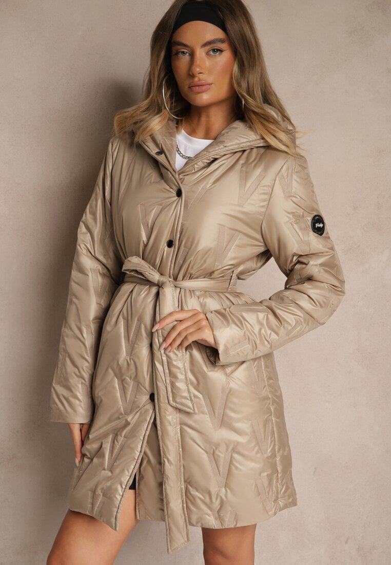 Ciemnobeżowa Pikowana Kurtka z Kapturem i Wiązanym Paskiem Elladie