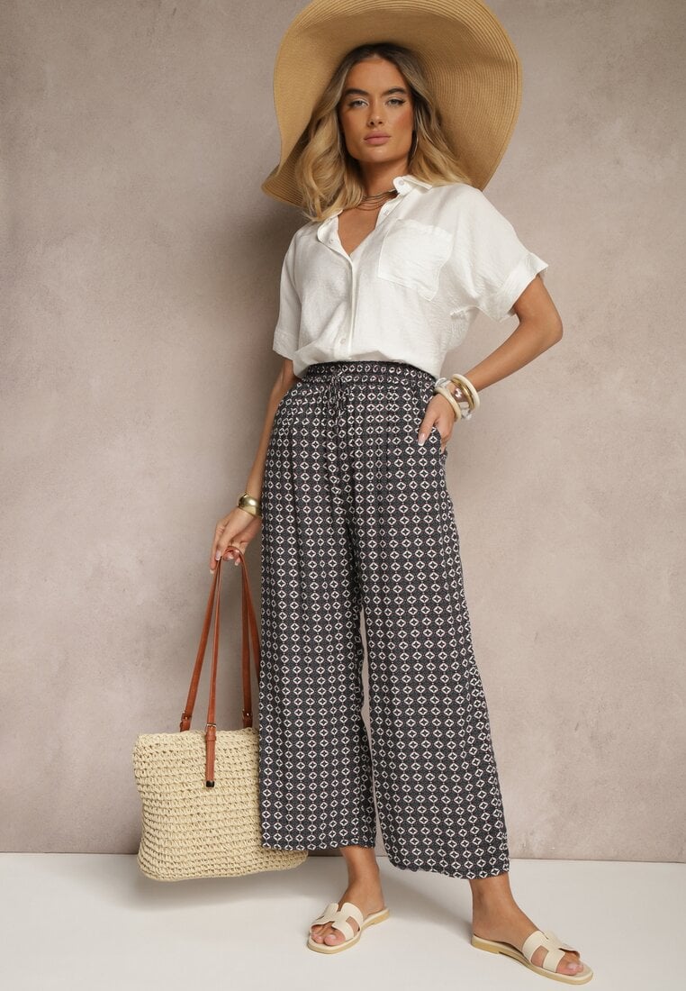 Ciemnozielone Spodnie o Szerokim Kroju High Waist z Geometrycznym Wzorem Farisia