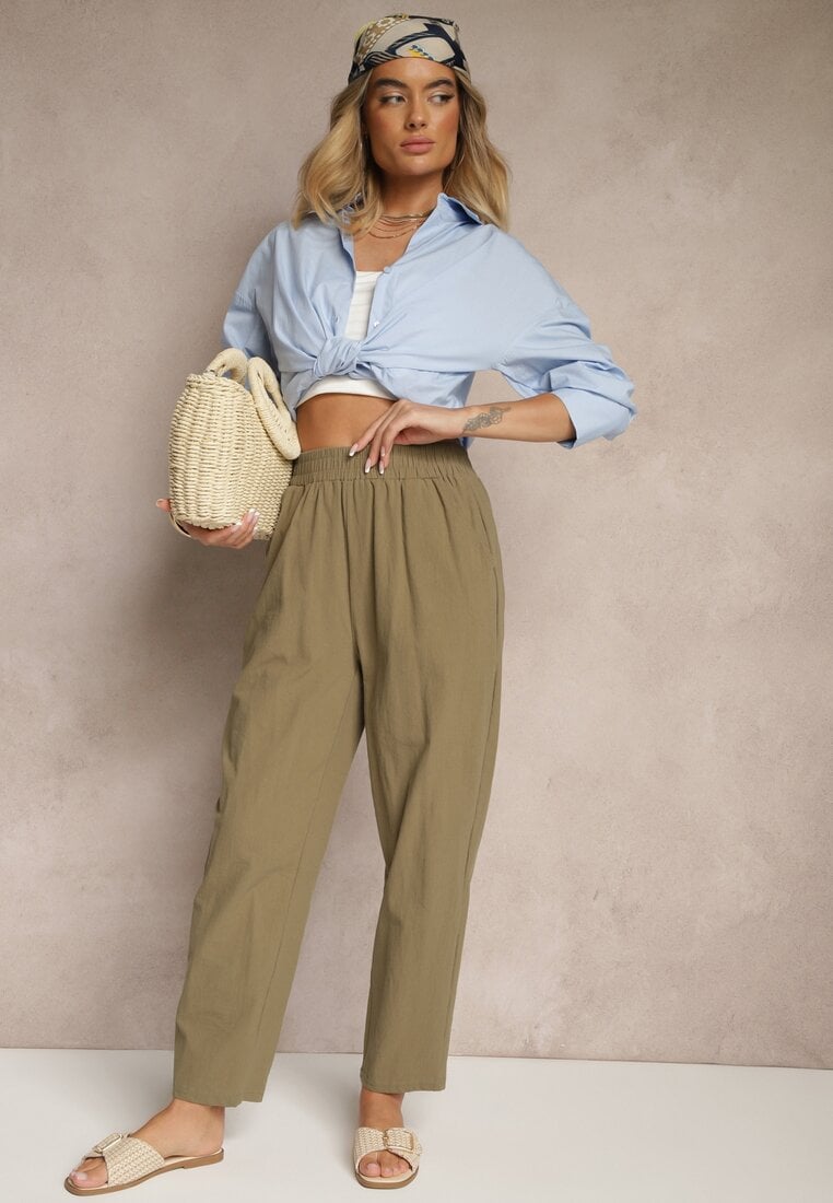 Ciemnozielone Spodnie z Bawełny High Waist Sonirea