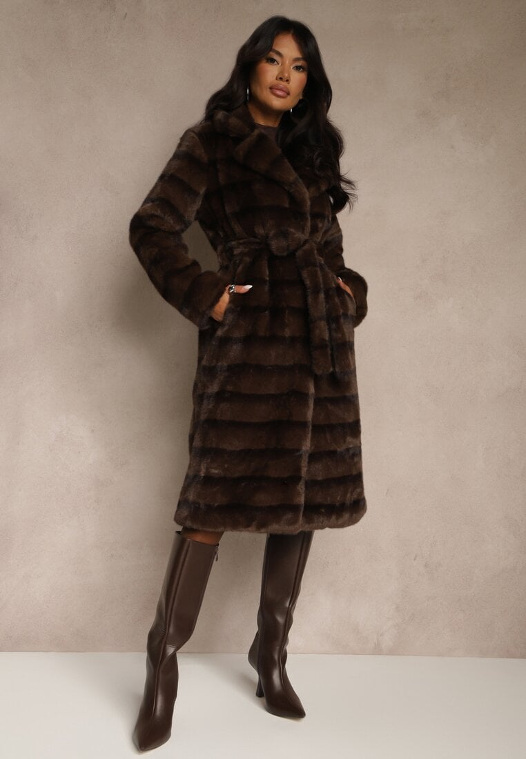 Brązowy Płaszcz Futerko z Dodatkowym Wiązanym Paskiem Alinella