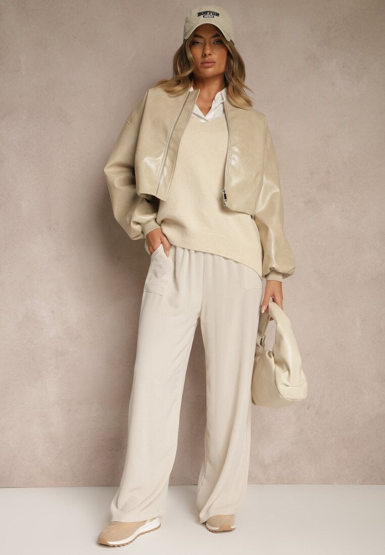 Beżowe Szerokie Spodnie z Wiskozą z Gumką w Pasie Lealirre