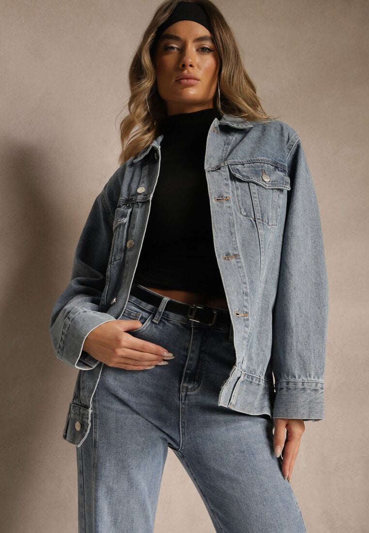 Niebieska Kurtka Jeansowa o Casualowym Fasonie Belissen