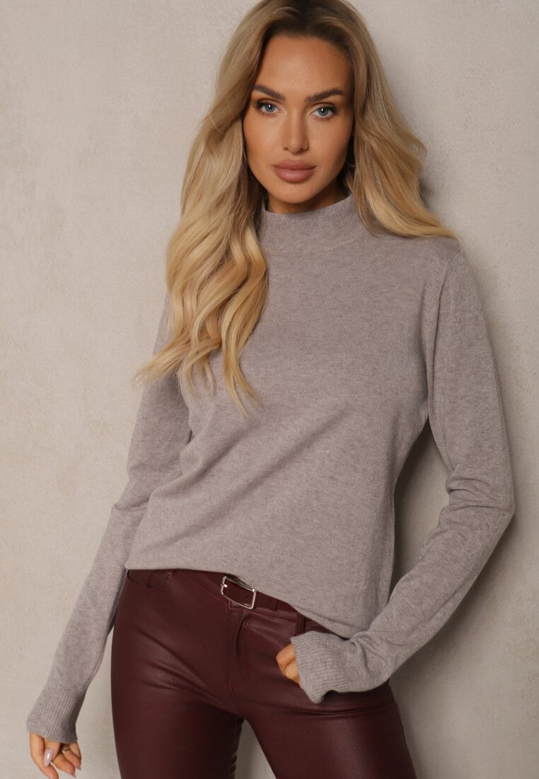 Ciemnobeżowy Półgolf o Klasycznym Fasonie z Kaszmirem i Wiskozą Zailana