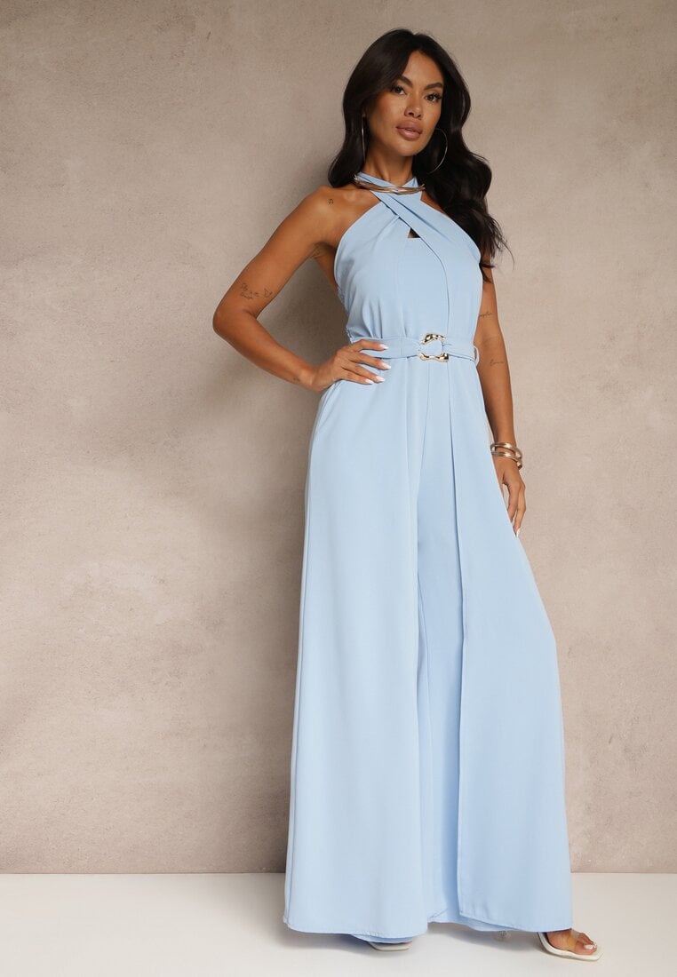 Niebieski Kombinezon Koktajlowy Ozdobiony Paskiem z Metaliczną Klamrą Zermira