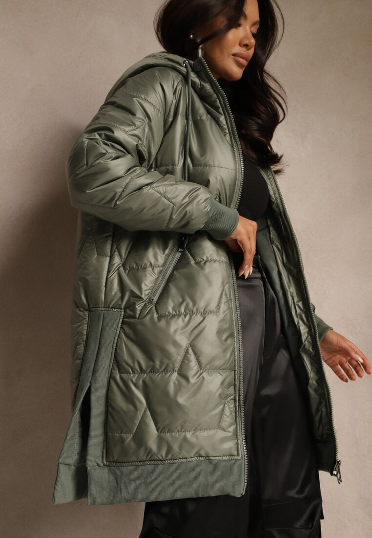 Zielona Przejściowa Kurtka z Kapturem Zdobiona Pikowaniem Fesulia