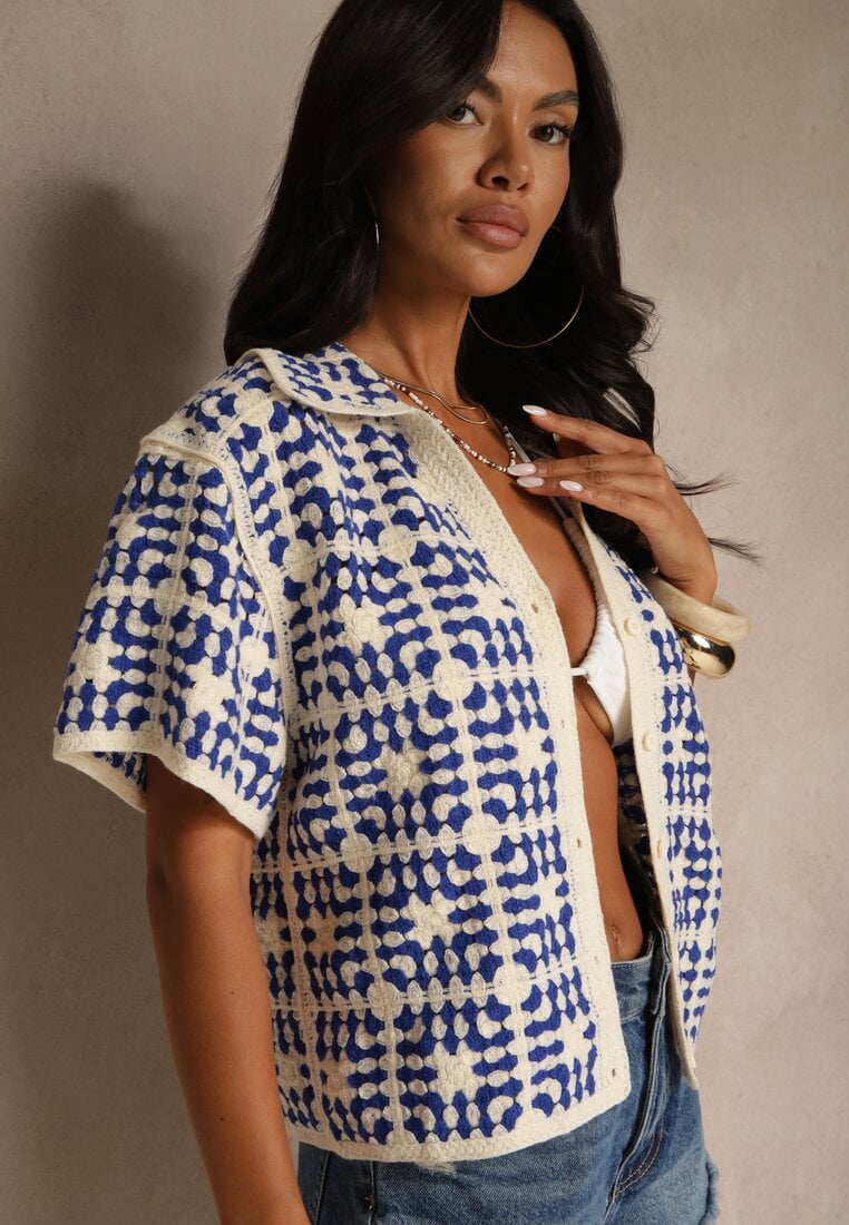 Niebieska Koszula z Bawełny Ozdobiona Geometrycznym Wzorem Melundria