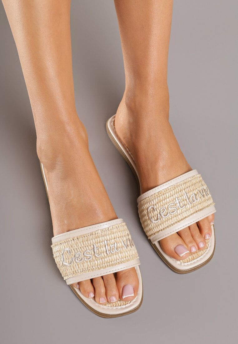 Beżowe Klapki Ozdobione Plecionką i Napisami Melanette