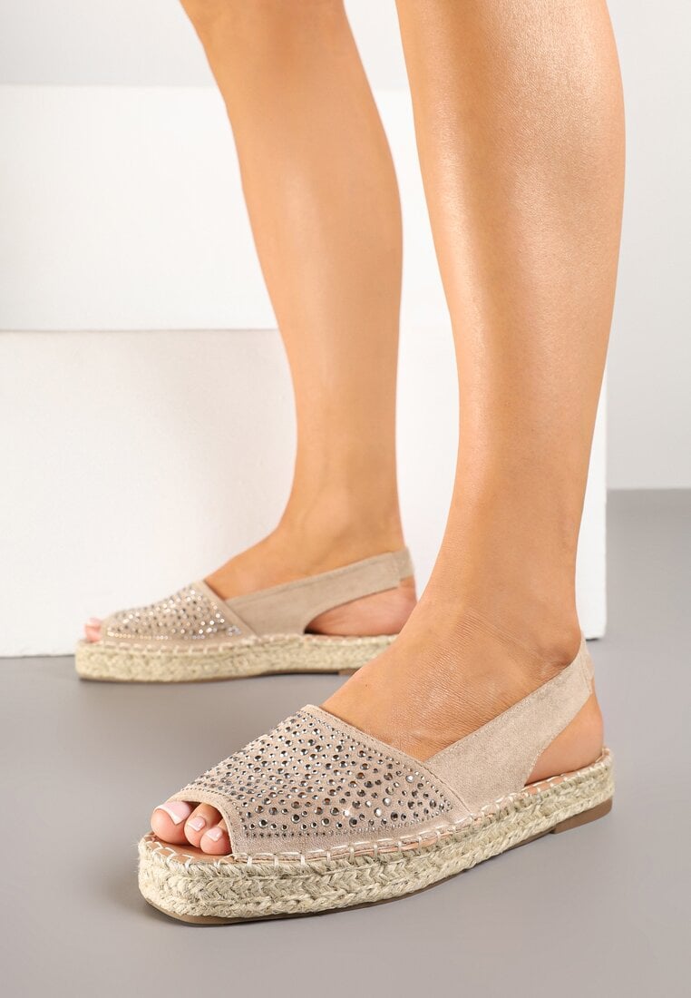 Ciemnobeżowe Sandały w Stylu Espadryli z Cyrkoniami na Podeszwie z Plecionki Neorwena