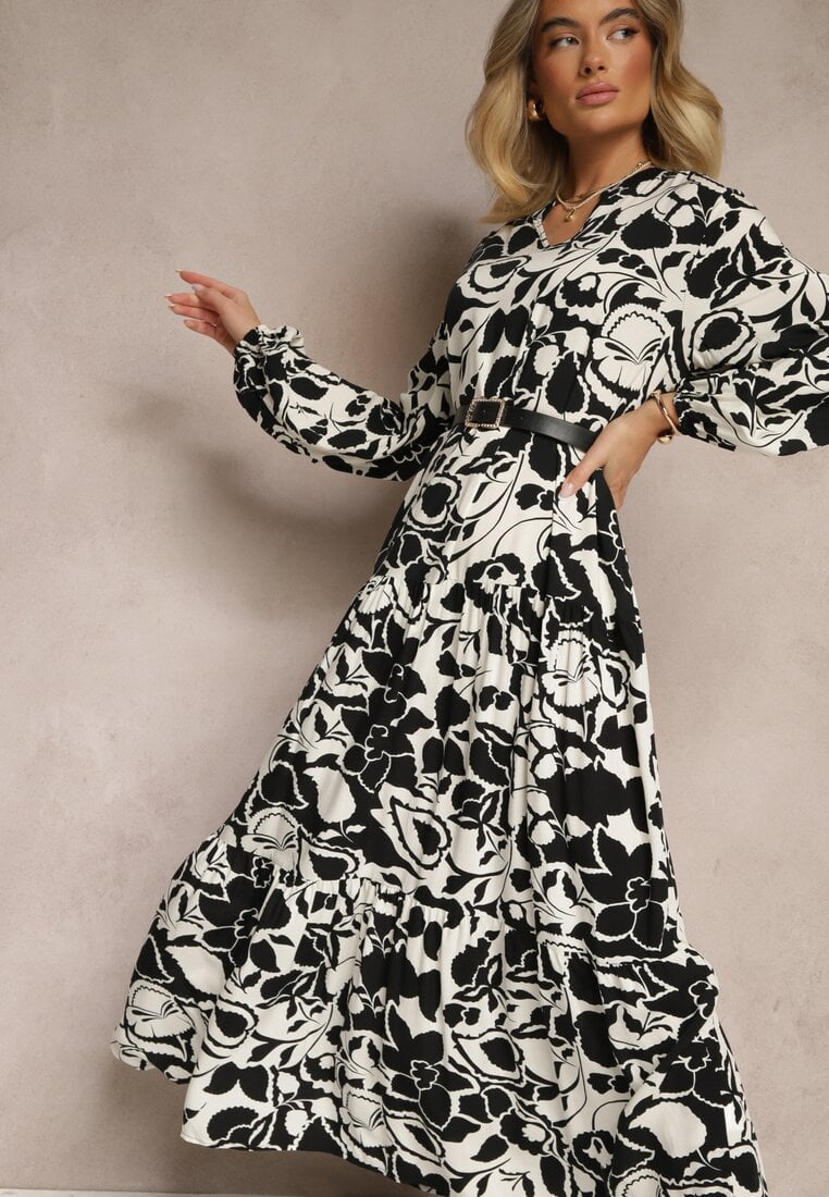 Czarna Pudełkowa Sukienka z Wiskozy w Kwiatowy Print Ridielia