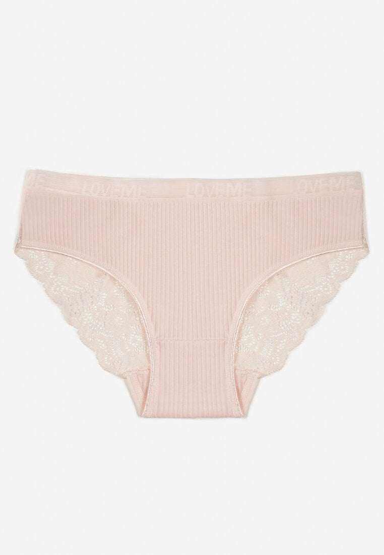 Jasnoróżowe Bawełniane Majtki Figi z Prążkowanej Tkaniny z Koronką Erqelia