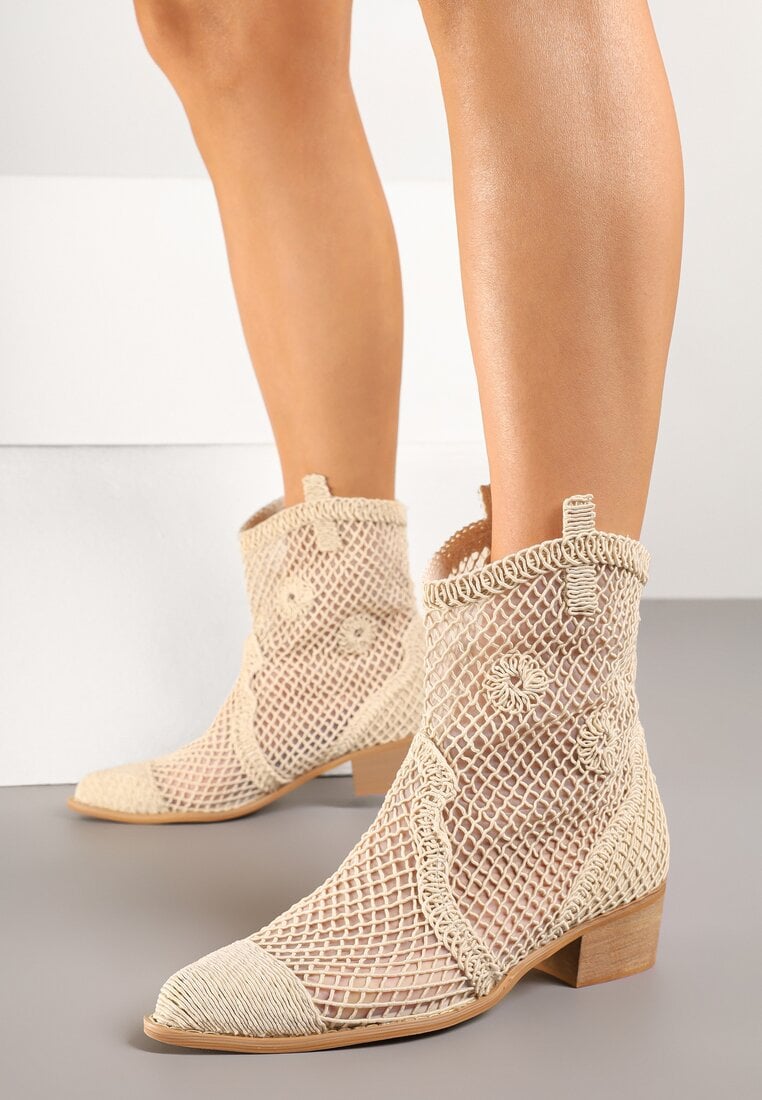 Jasnobeżowe Botki Kowbojki na Stożku ze Skórzaną Wkładką i Siateczkową Cholewką Frolozi
