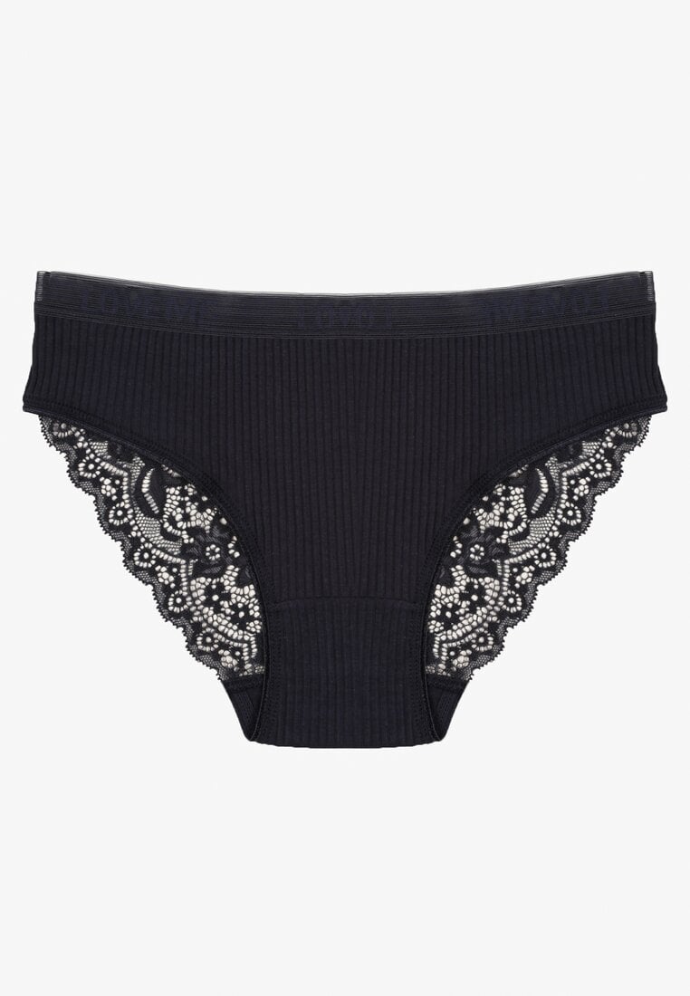 Granatowe Bawełniane Majtki Figi z Prążkowanej Tkaniny z Koronką Erqelia