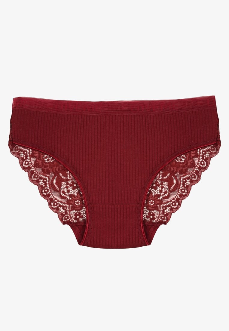 Bordowe Bawełniane Majtki Figi z Prążkowanej Tkaniny z Koronką Erqelia