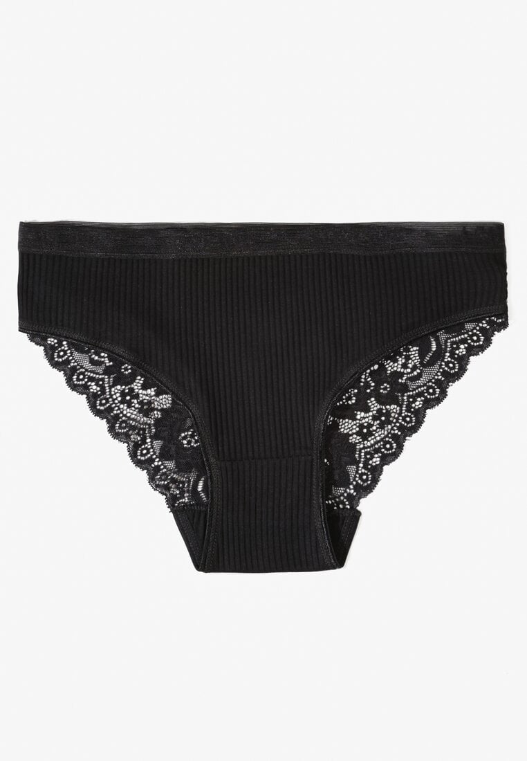 Czarne Bawełniane Majtki Figi z Prążkowanej Tkaniny z Koronką Erqelia