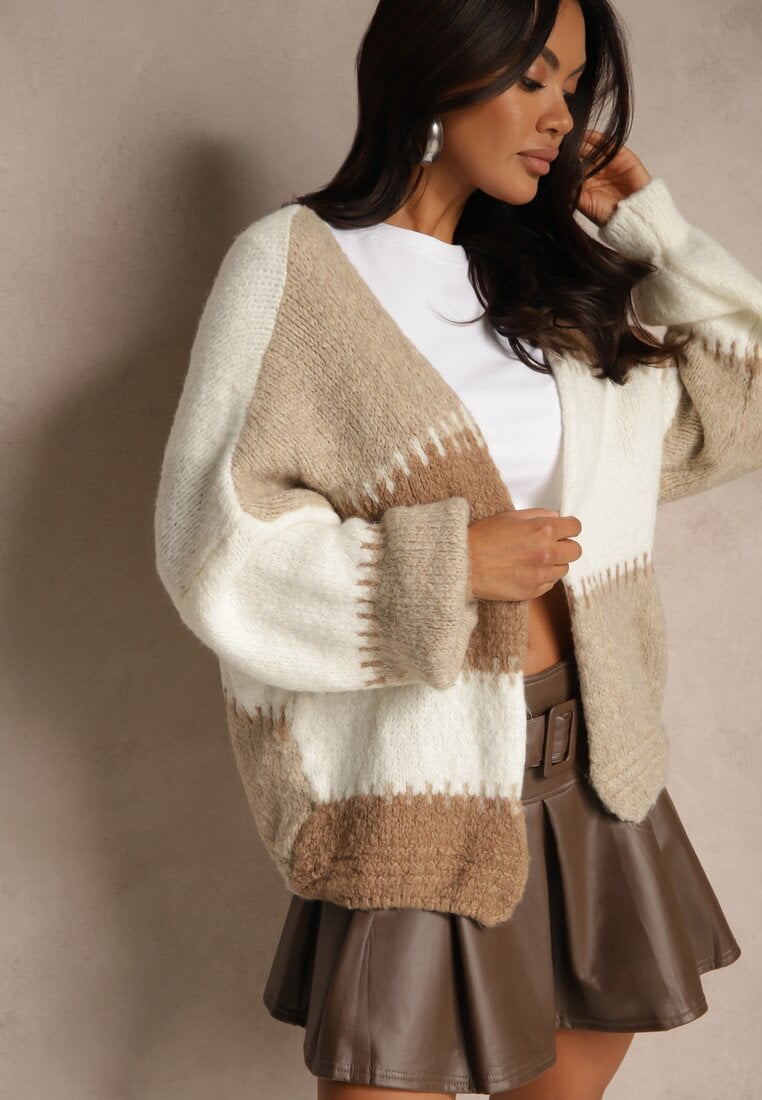 Brązowy Kardigan z Domieszką Wełny i Wiskozy w Patchworkowym Stylu Fesolinne